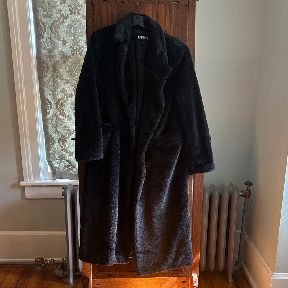 Apparis Astrid Teddy double-breasted coat, size small, black, faux fur
